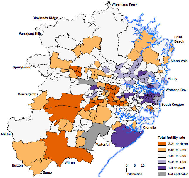 Map: Total fertility rates, Greater Sydney, by Statistical Area Level 2, 2014