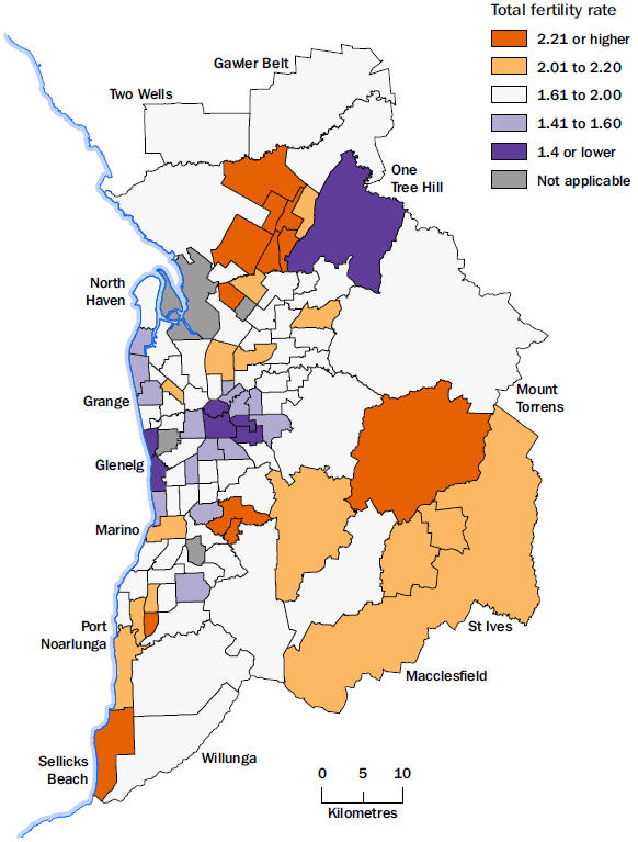 Map: Total fertility rates, Greater Adelaide, by Statistical Area Level 2, 2014