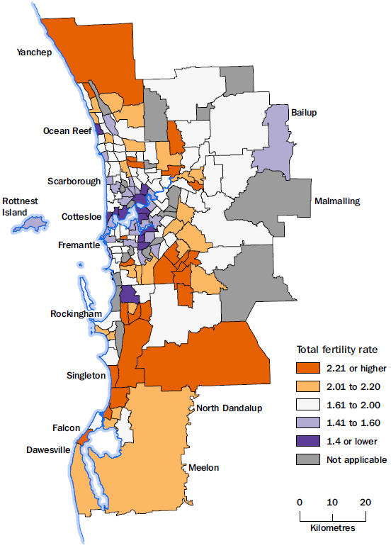 Map: Total fertility rates, Greater Perth, by Statistical Area Level 2, 2014