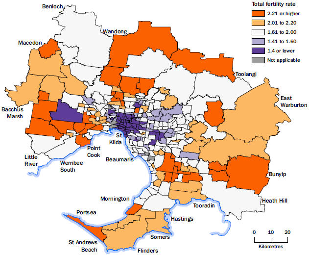 Map: Total fertility rates, Greater Melbourne, by Statistical Area Level 2, 2014