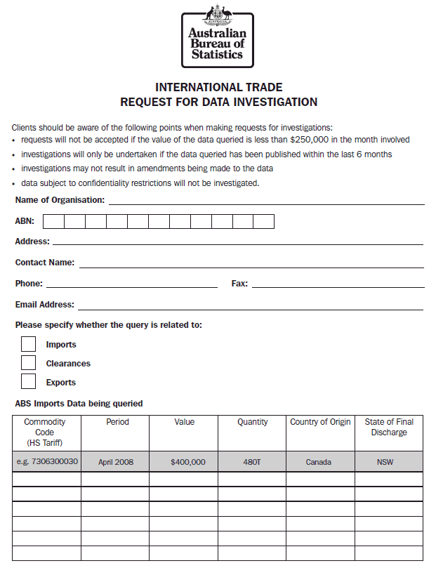 Request for data investigation form - page 1