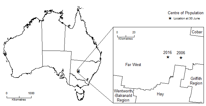 Map showing Centre of Population for Australia, June 2006 and June 2016