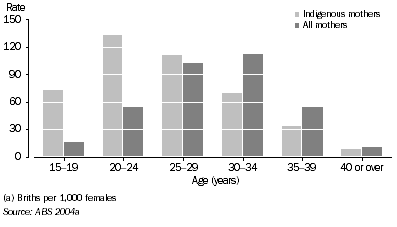 Graph: Age-specific birth rates(a), by Indigenous status of the mother—2003