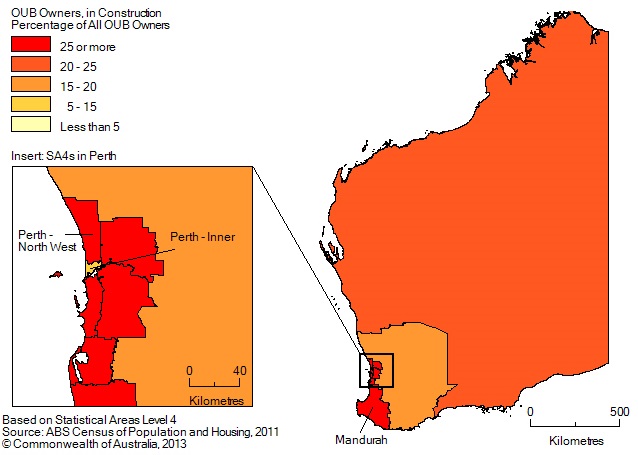 Map: PERCENTAGE OF BUSINESS OWNERS IN THE CONSTRUCTION INDUSTRY BY SA4(a), Western Australia - 2011