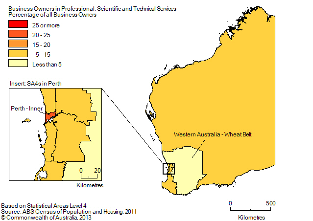 Map: PERCENTAGE OF BUSINESS OWNERS IN THE PROFESSIONAL, SCIENTIFIC AND TECHNICAL SERVICES INDUSTRY BY SA4(a), Western Australia - 2011