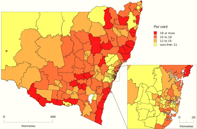 Diagram: Population aged 65 years and over, Statistical Local Areas, NSW, 2008