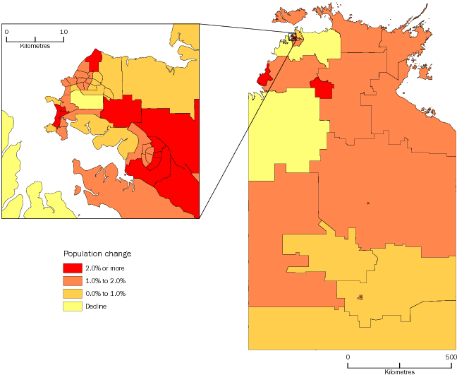 Diagram: SA2 POPULATION CHANGE, Northern Territory—2011-12
