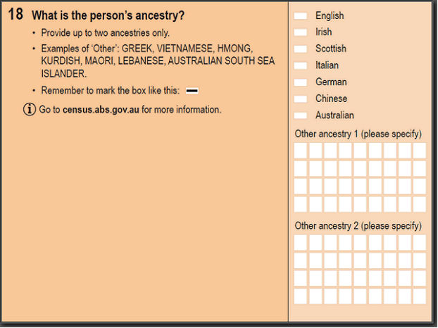 Image: 2016 Household Paper Form - Question 18. What is the person's ancestry?