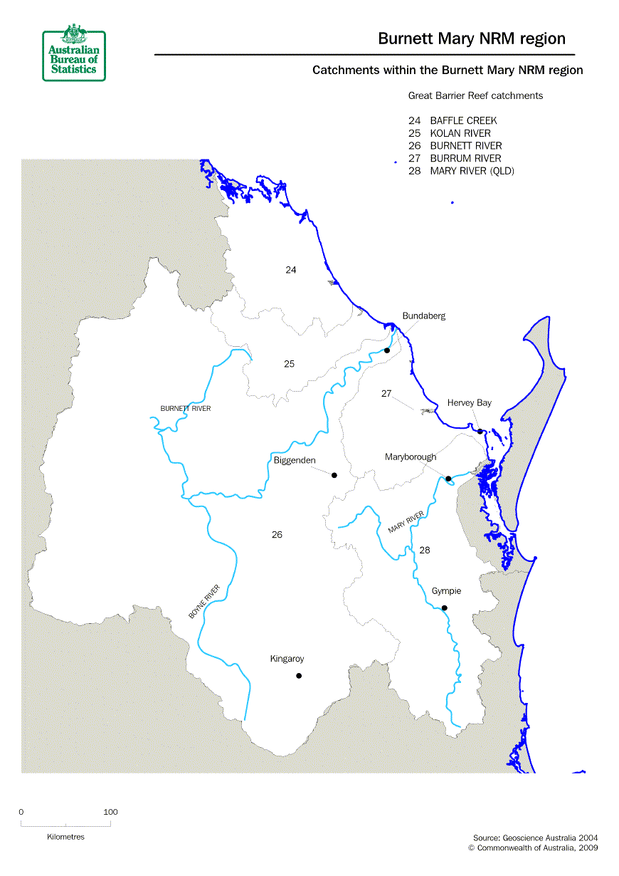 The Burnett Mary NRM region is made up of the Baffle creek, Kolan river, Burnett river and Mary river catchments and covers an area of approximately 5.3 Million hectares. 