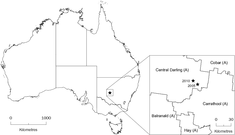Diagram: CENTRE OF POPULATION, Australia—June 2005 to June 2010