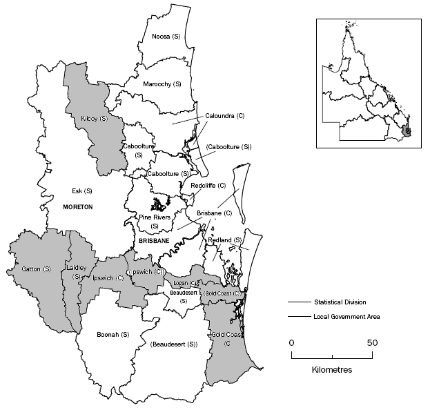 Map - Brisbane and Moreton SDs with alphabetical listing of LGAs of Gatton to Logan highlighted