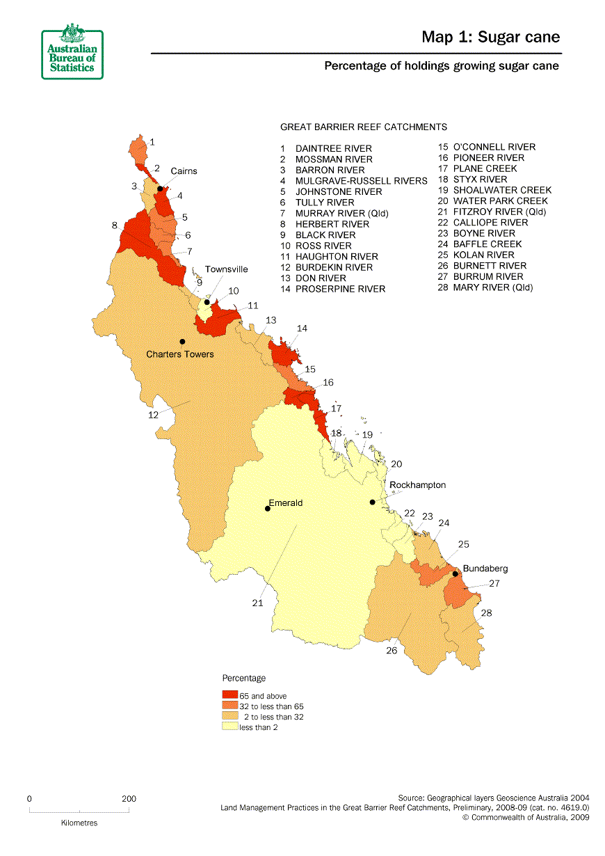 Map 1: Percentage of agricultural holdings growing sugar cane. The catchments with the highest percentage being small catchments close to the coast north from Plane Creek catchment.