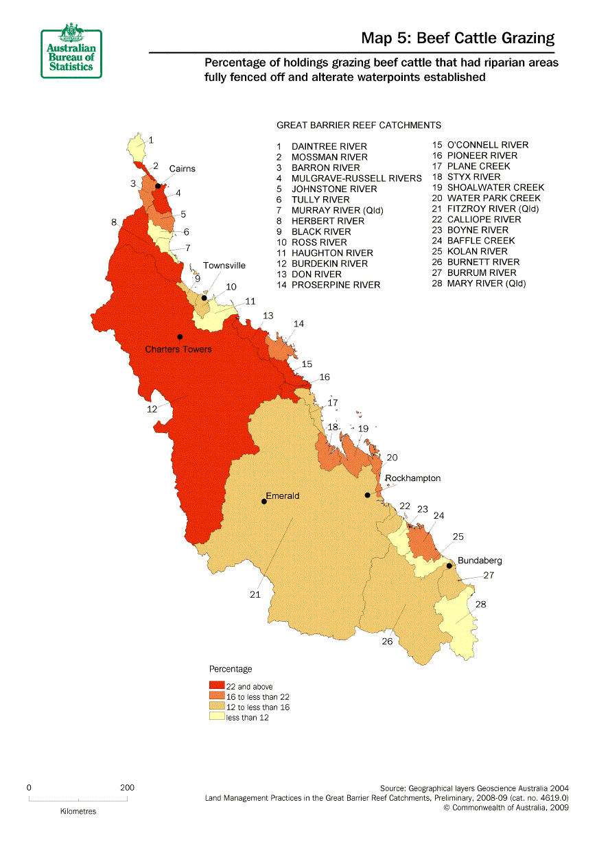 Map 5: Percentage of holdings grazing beef cattle that had riparian areas fully fenced off and alternate waterpoints established. The catchments with the highest percentage are mostly north of Pioneer River, except a few on the coast near Rockhampton.