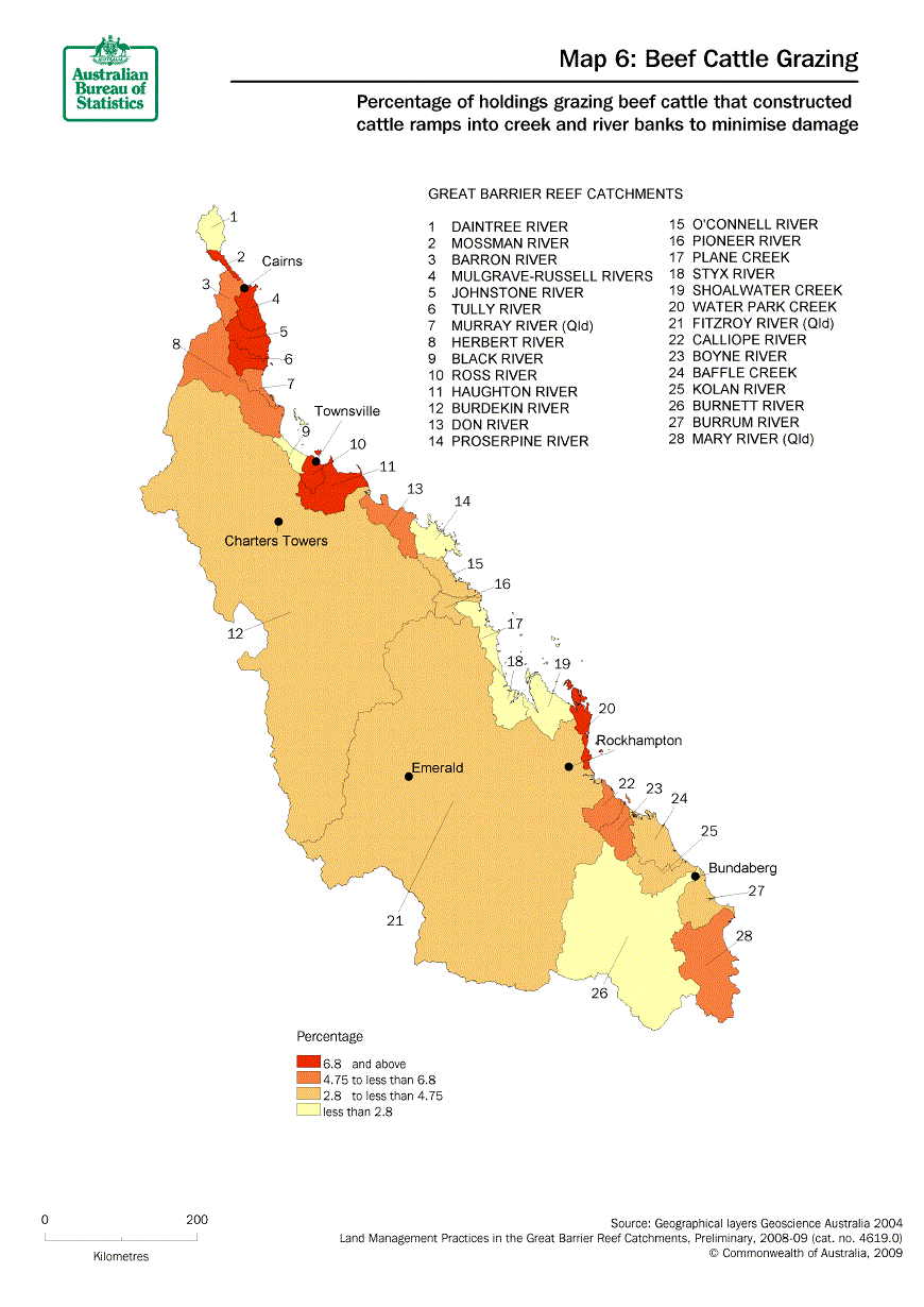Map 6: Percentage of holdings grazing beef cattle constructing cattle ramps into creek and river banks to minimise damage. The catchments with the highest percentage are on the coast south from Rockhampton and around Cairns and Townsville.