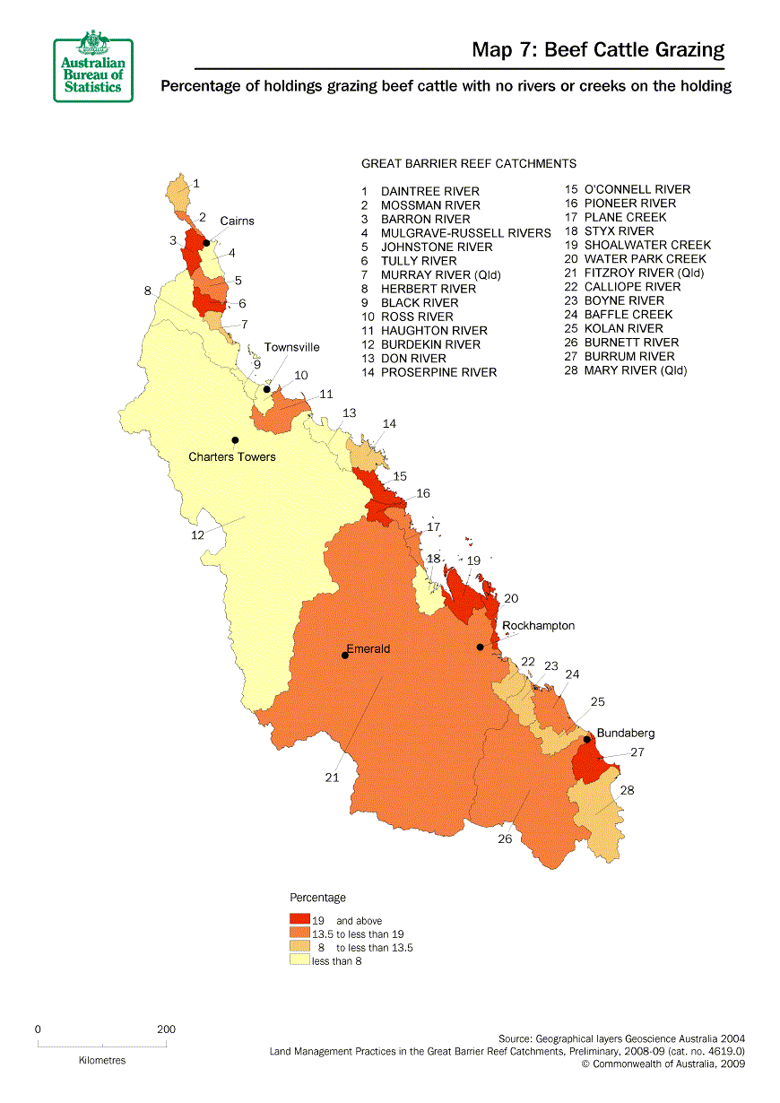 Map 7: Percentage of holdings grazing beef cattle with no rivers or creeks on the holdings. The catchments with the highest percentage being those in the southern half of the surveyed area and two south of Cairns.