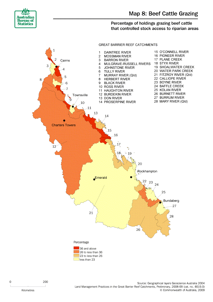 Map 8: Percentage of holdings grazing beef cattle that controlled stock access to riparian areas. The highest percentage catchments are in the northern half of the surveyed area, several catchments with low percentages are near Townsville and Cairns.