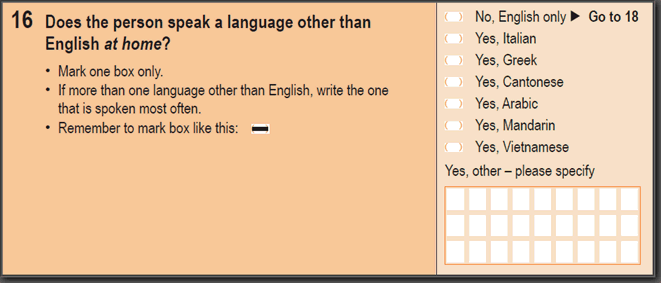 Image; 2011 Household Paper Form - Question 16. Does the person speak a language other than English at home? 