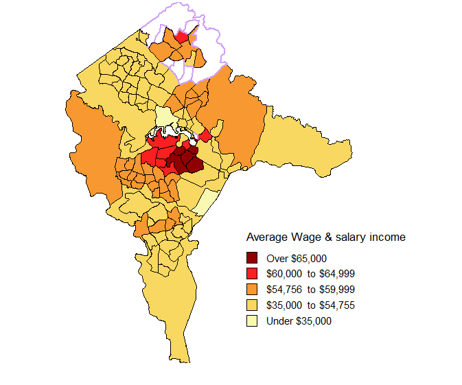 Map showing average Wage and salary incomes by SLA in the ACT in 2008-09