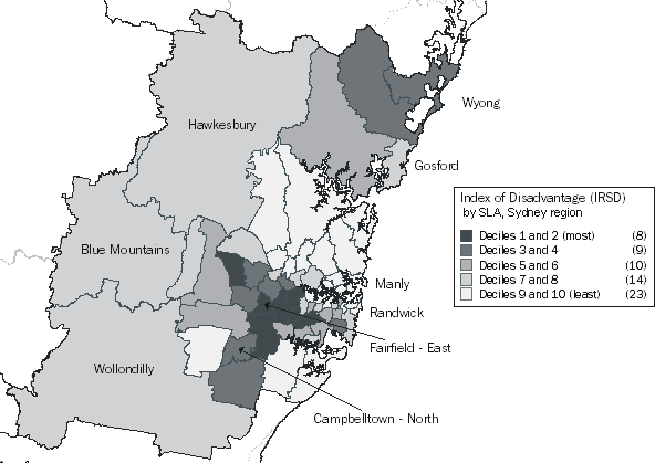 Diagram: IRSD, SLA deciles, Sydney map