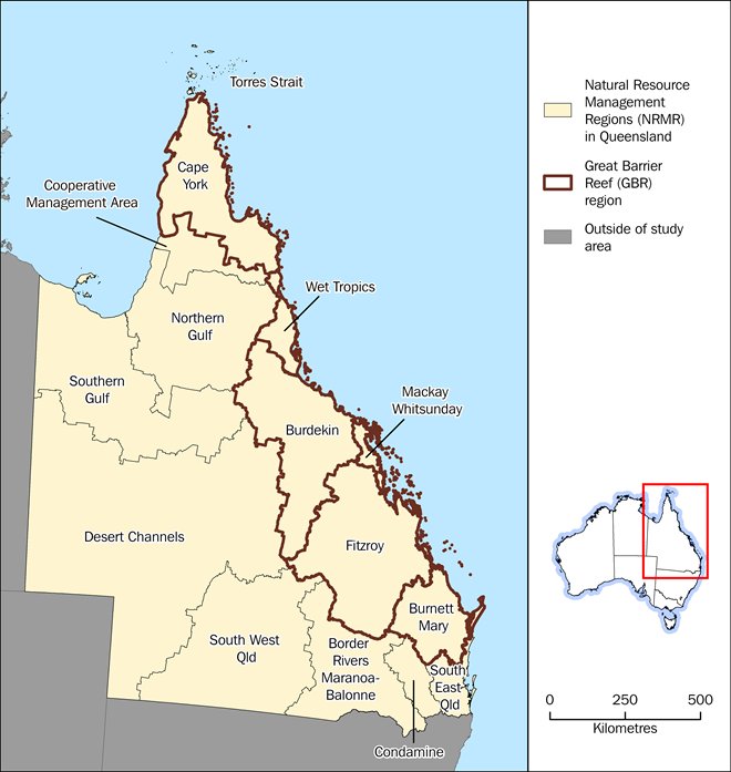 Map: Reference map of Natural Resource Management Regions (NRMRs) in Queensland, Australia and the Great Barrier Reef region