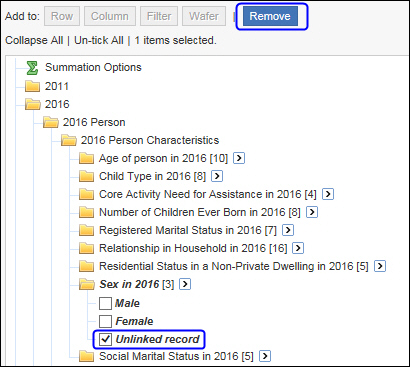 Image: Screen shot from TableBuilder showing an example of how to remove the "unlinked record" category from a table.
