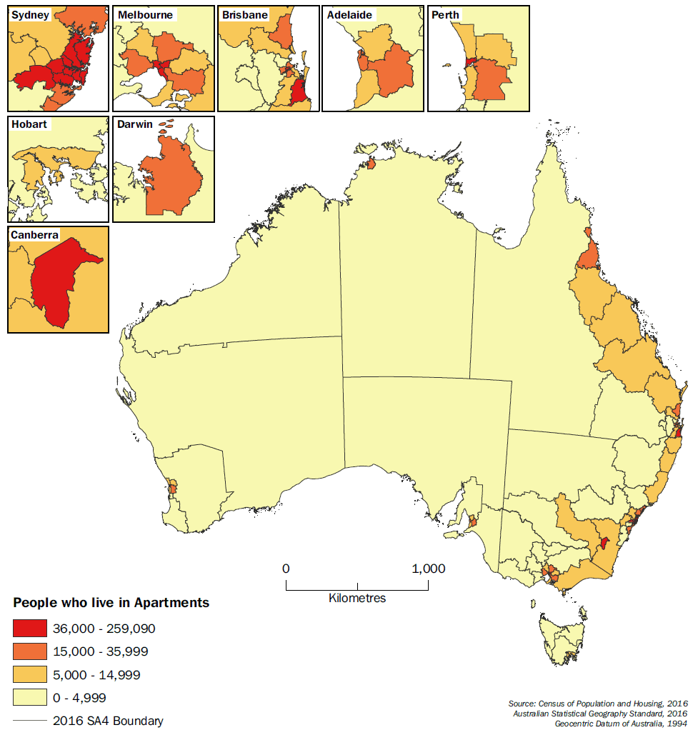 A map of where apartment dwellers live - SA4 regions of Australia