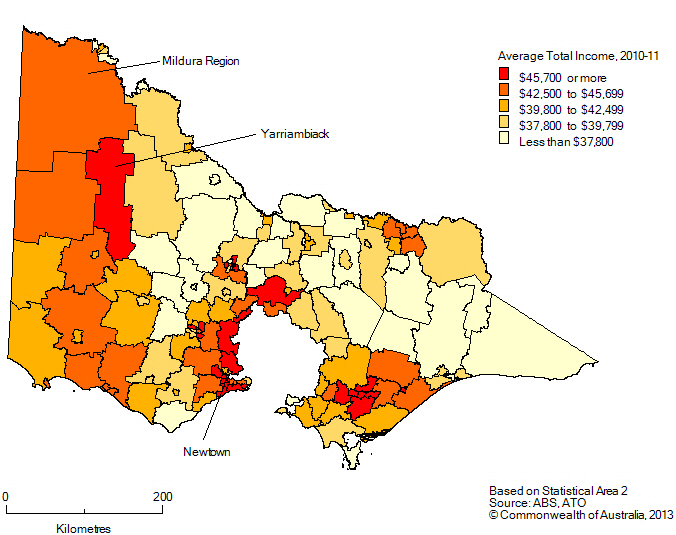 Average total income by SA2s in Rest of Victoria, 2010-11