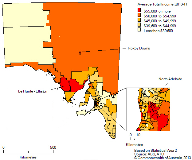 Average total income, SA2s in South Australia, 2010-11