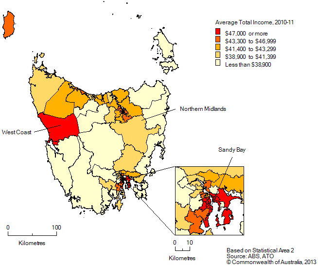 Map of Average total income, SA2s in Tasmania, 2010-11