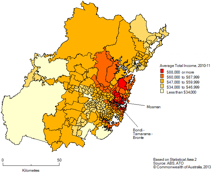 Average total income by SA2, Greater Sydney, 2010-11