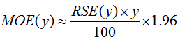 Equation: MOE (y) is approximately equal to ((RSE(y) multiplied by y)/100) multiplied by 1.96