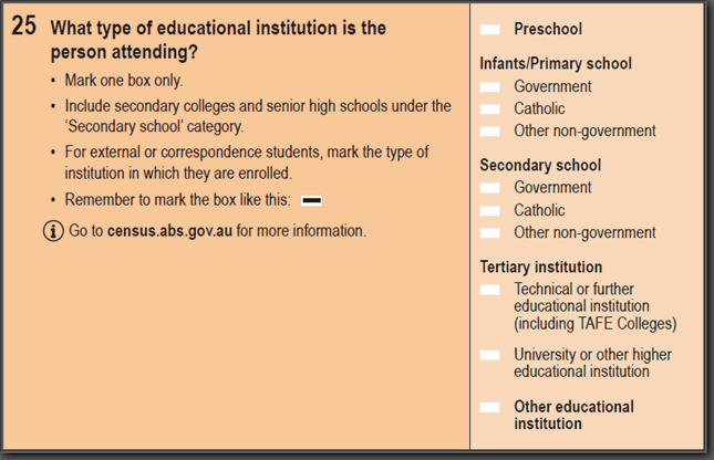 Image: 2016 Household Paper Form - Question 25. What type of educational institution is the person attending? 