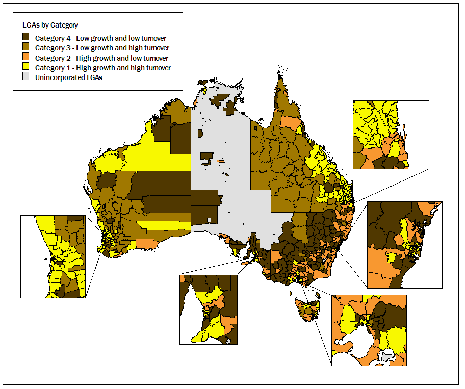 Map: showing population growth and population turnover rates for Local Government Areas, 2001 to 2006