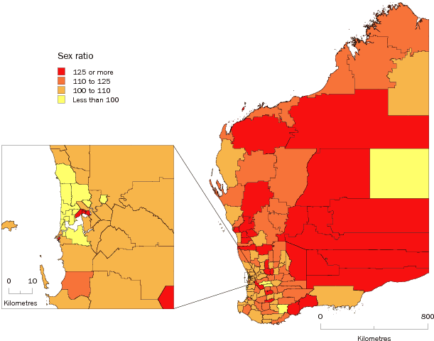 Diagram: MALES PER 100 FEMALES, Statistical Local Areas, Western Australia—30 June 2009