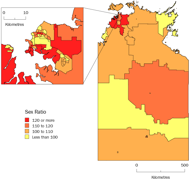 Diagram: MALES PER 100 FEMALES, Statistical Local Areas, Northern Territory—30 June 2010