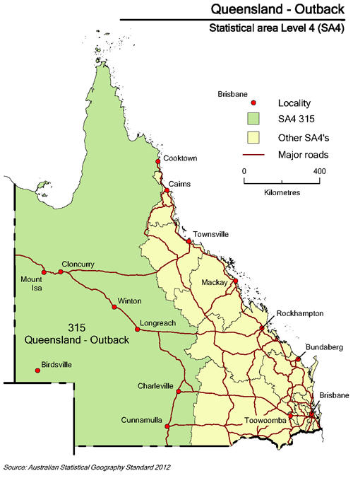 Map - Boundaries of the SA4 of Queensland Outback, principal roads and towns