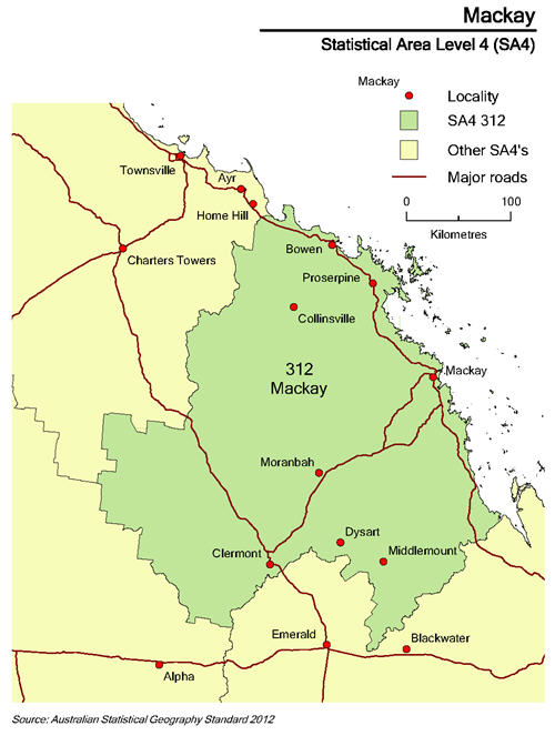 Map showing boundaries of SA4 of Mackay, with principal roads and towns