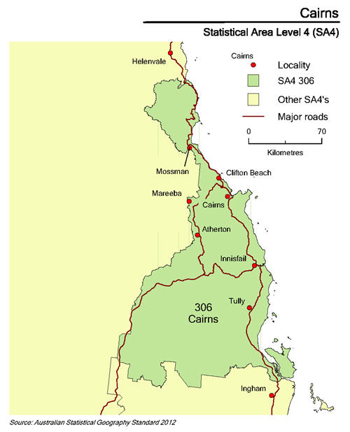 Map - borders of SA4 of Cairns, principal towns and roads