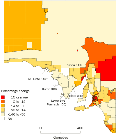 Diagram: Map 2. AVERAGE OWN UNINCORPORATED BUSINESS INCOME, Percentage change, Statistical local areas2003-04 to 2006-07