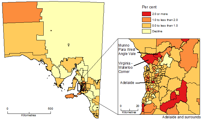 Image: Map showing Population Change by SA2, South Australia, 2017-18