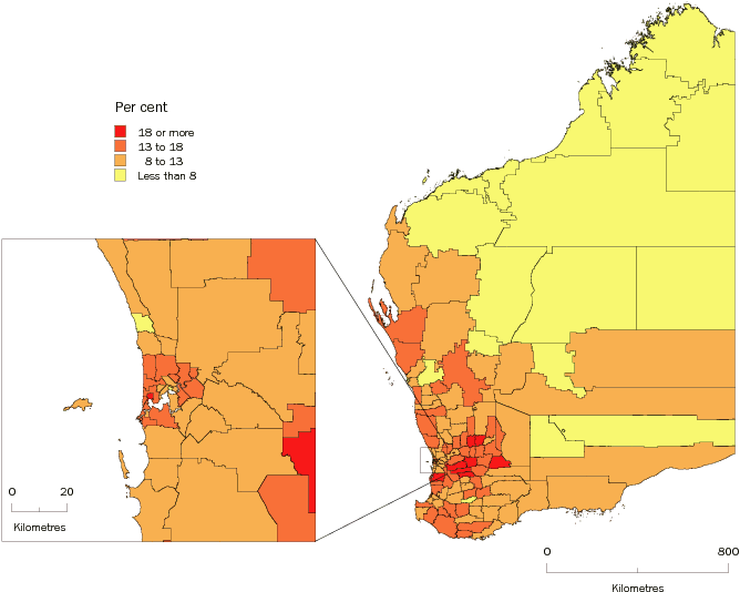Diagram: Population aged 65 years and over, Statistical Local Areas, WA, 2008