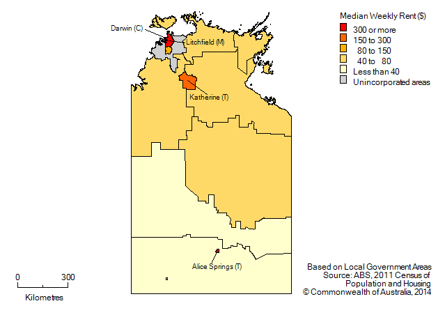 Map: Median weekly rental payment, by local government area, Northern Territory, 2011
