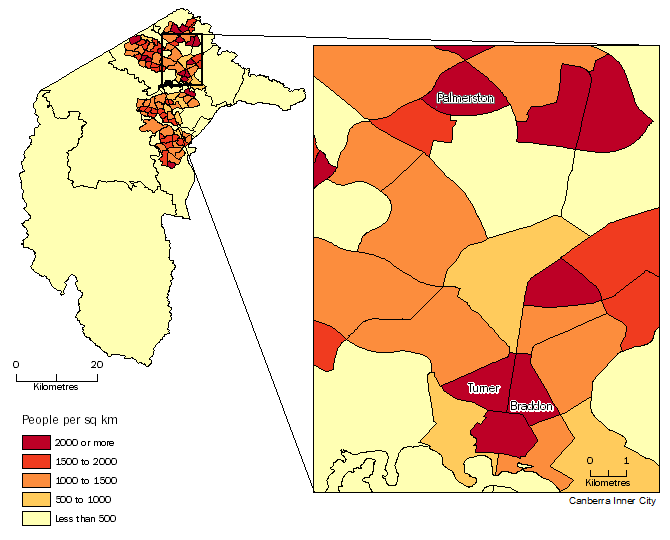 Diagram: POPULATION DENSITY BY SA2, Australian Capital Territory - June 2014