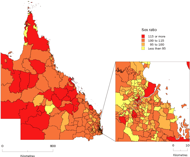 Diagram: Males per 100 females, Statistical Local Areas, Queensland, 2008