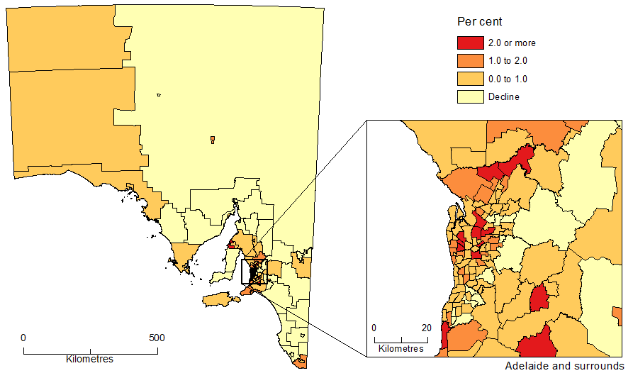 Diagram: POPULATION CHANGE BY SA2, South Australia - 2014-15
