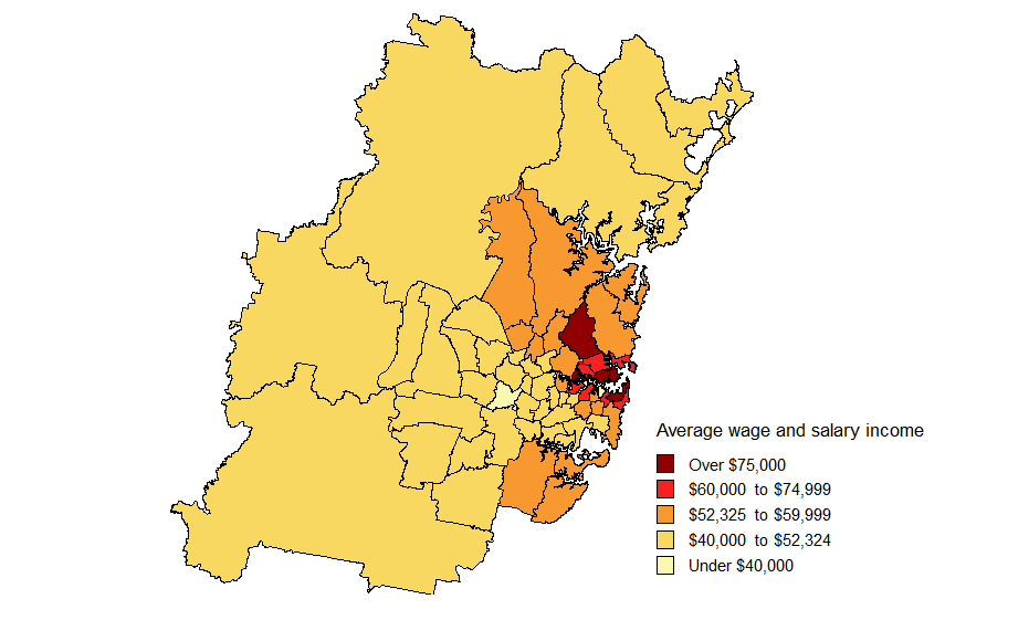 Map showing Average Wage and salary income for Sydney Statistical Division in 2008-09