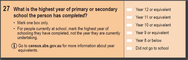  Image: 2016 Household Paper Form - Question 27. What is the highest year of primary or secondary school the person has completed?