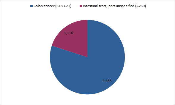 Pie graph: Colon cancer (C18-C21) and Malignant neoplasms of the intestinal tract, part unspecified (C26.0), 2015