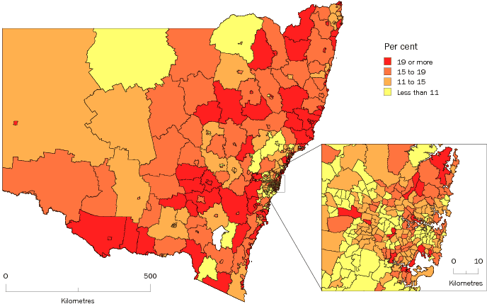 Diagram: POPULATION AGED 65 YEARS AND OVER, Statistical Areas Level 2, New South Wales—30 June 2011