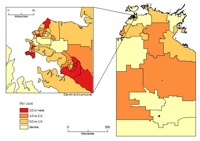 Diagram: POPULATION CHANGE BY SA2, Northern Territory - 2013-14 